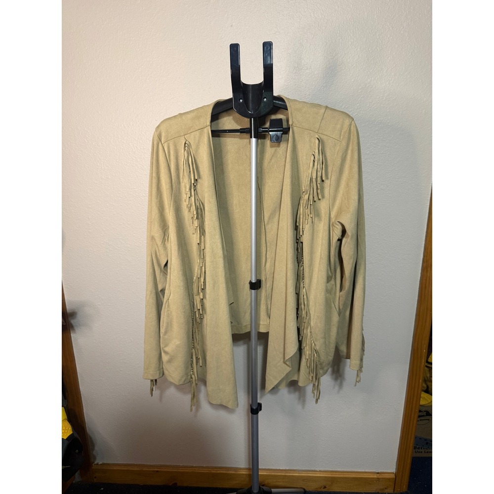 Colleen Lopez Faux Suede Fringe Open Front Cardigan Tan Camel Plus Size‎ 2X